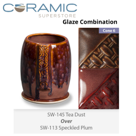 Tea Dust SW-145 over Speckled Plum SW-113 Stoneware Combination Tea Dust SW-145 over Speckled Plum SW-113 Stoneware Combination